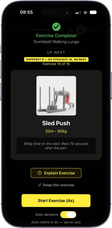 RoxHype workout player guiding a sled push, with the next exercise lined up